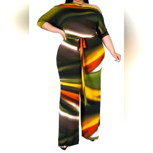 Boutique Pants - Women's Plus size colorful belted Jumpsuit
